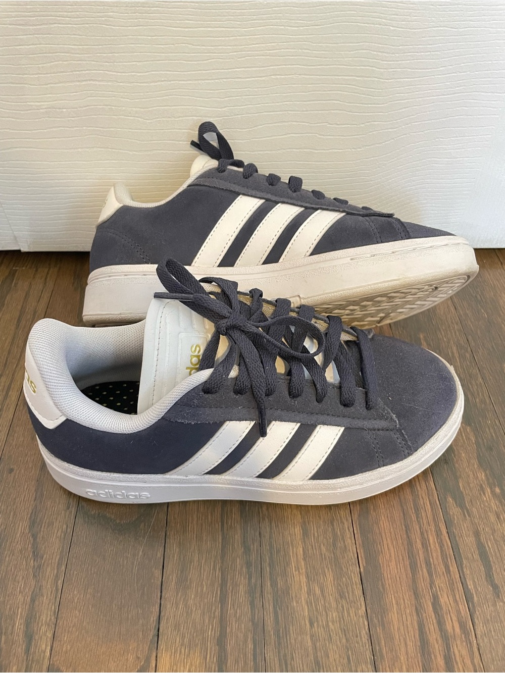Adidas Women’s  Navy Suede Court Sneakers with White Stripes, size 5